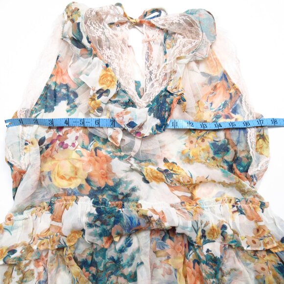 By Anthropologie Sleeveless Trailing Ruffle Blouse Floral Print Lace Trim Large - Picture 8 of 12